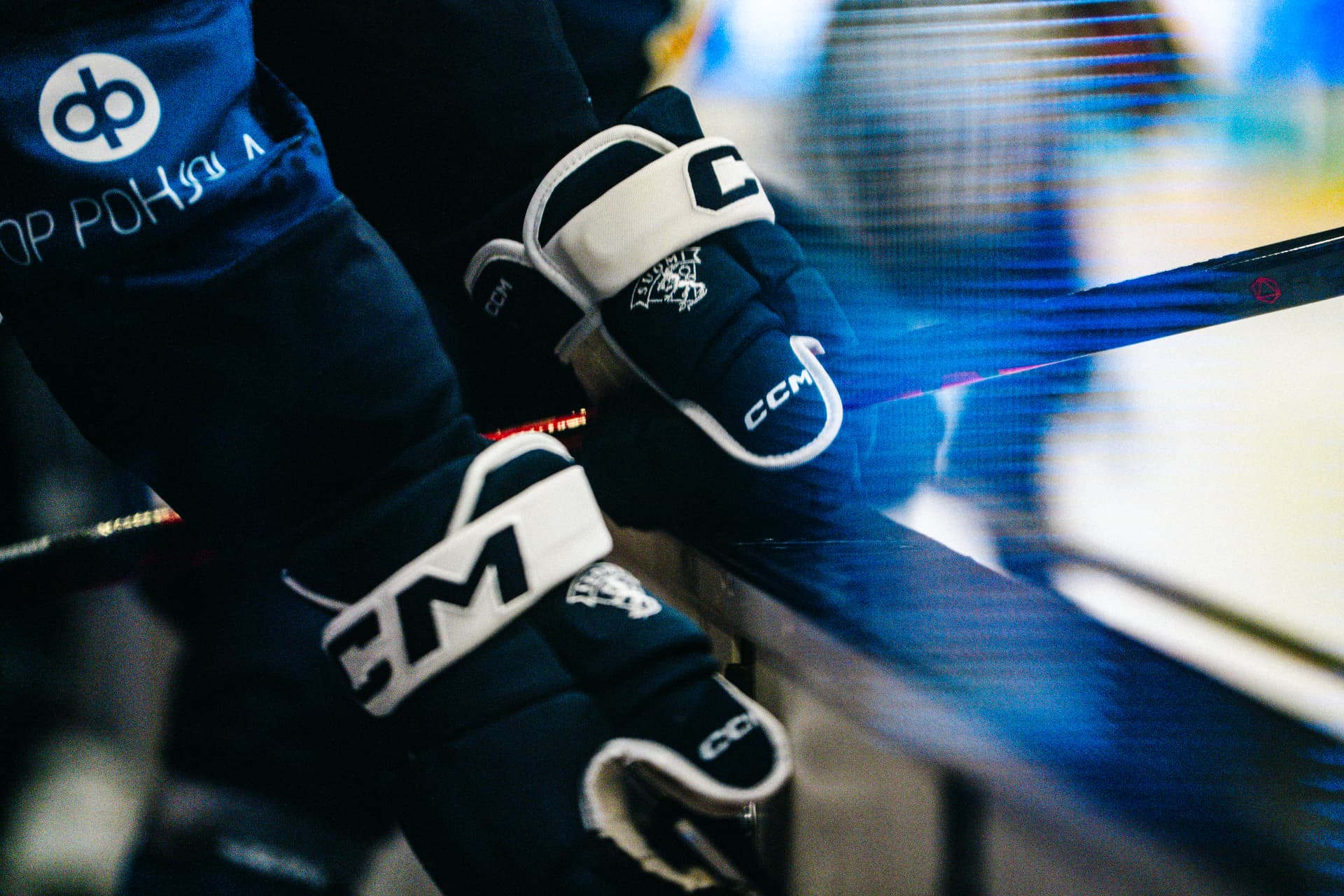 Leijonat-pelaajan hanskat ja jääkiekkomaila
